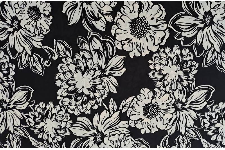 10cm Polyester-Voile große Blumen weiss auf Schwarz (Grundpreis €8,00/m)  